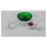 Glass, green oyster and pearl bowl, salt cellars
