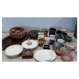 Kitchenwares,  basket, mugs, casserole, plates,