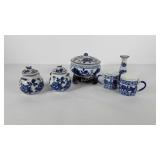 Blue and white ceramic decor, bowl on stand,