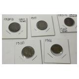 Five buffalo nickels, 1938D, 1919, 1913, 1920,