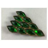 Vintage emerald green glass dress clip marked