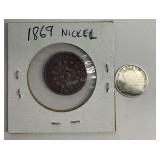 Coins, 1910 Canadian dime and 1869 shield nickel