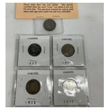 5 V nickels, 1883, 1904, 1911, 1912, and 1883