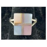 Blue & Pink Mother of Pearl Frame Ring, Sterling