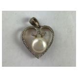 Genuine Diamond & Pearl heart Pendant, Silvertone