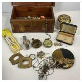 Jewelry  box with pocket watches, watch parts,