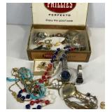 Cigar box with watches and costume jewelry