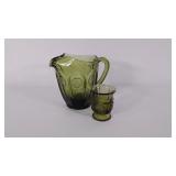 Green Fostoria Coin glass pitcher and cup