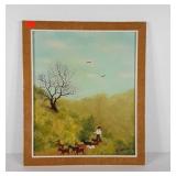 Goat herder painting on canvas,  signed, framed,