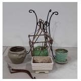 Planter group, three ceramic planters, metal