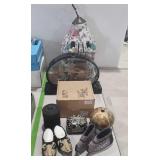 Asian decor: ceramic bird house, Clarks, shoes,