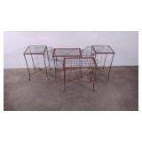 Four table set, glass insert tops, metal bases,
