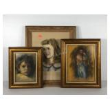 Three pastel portrait pictures, two smaller by