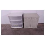 Three drawer storage tower and a plastic cabinet