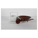 Ceramic basket and wooden wheelbarrow fruit bowl
