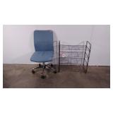 Office chair and wire shelving