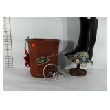 Wooden bucket,  pan lid , doilly, wooden stand,