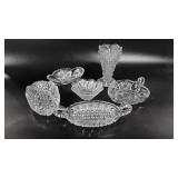 Clear glass group, 6" vase, nappy, handled dish