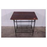 Table,  metal base, three plank wood top, 24 x 18