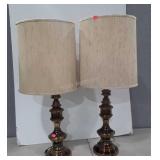 Two heavy brass lamps with shades, 38 inches tall