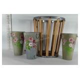 Metal and wood slat basket and 3 tapered metal