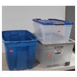 Three Storage Totes, one no lid, 2 others with