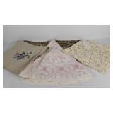 Table linens, tapestry runner, square toppers and