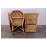 Wicker desk and chair,  glass topped on desk