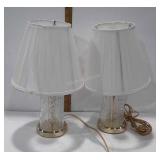 Pair of glass and brass lamps with shades, 14