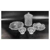 Glass and crystal group, covered candy jar,