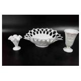 Milk glass bowl, ruffled hobnail vase, and grape