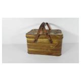 Metal picnic basket with hinged lid and wooden