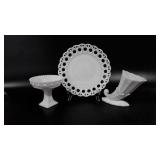 Milk glass plate, cornucopia vase, and pedestal