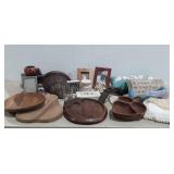 Group of picture frames, home decor pillows,