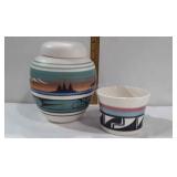 South Western design covered jar and bowl, marked