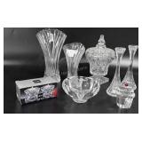 Glass vases, candy dish, Mikasa candle holder,