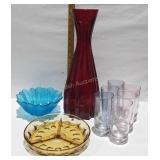 Colored glassware : red vase, glasses, divided