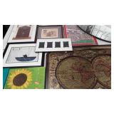 Wall art group, prints, map, frame, mirror and