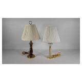 Two lamps, heavy brass stands 24" tall and glass