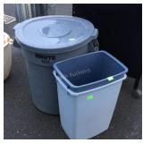 Three trash cans. One is Rubbermaid brute about