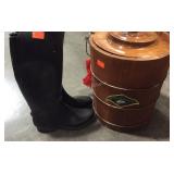 White Mountain ice cream bucket, doily, wooden