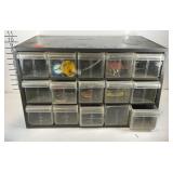 Hardware organizer with buttons, one drawer has