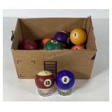 Fifteen pool balls, note they need cleaning, some