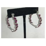 Simulated red diamond hoop earrings in stainless