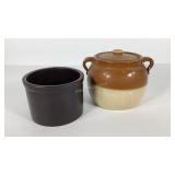 Stoneware crock and bean pot, hairline cracks as