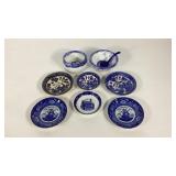 Blue and white china, two signed pottery bowls,