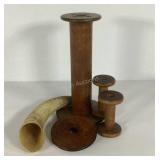 Wooden spools and a horn, seller code CN