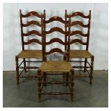 Three rush seat chairs, age wear as shown