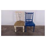 Two chairs, painted spindle back and upholstered