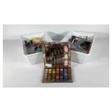 Cosmetics and personal care items, two bins full